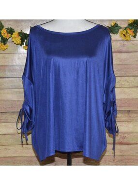 Jennifer Lopez Silky Blue Blouse Top Size XXL 3/4 Rushed Sleeve Career Night Out